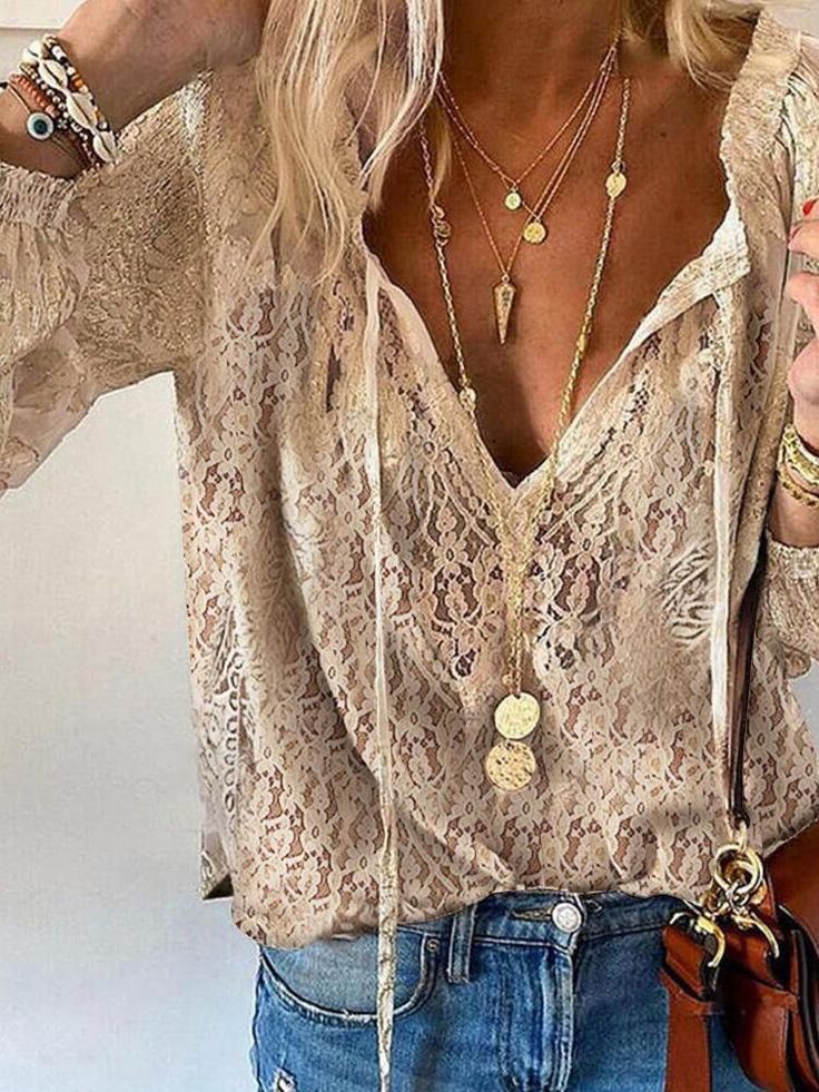 Lana Women's Blouse | Lace Detailing, Long Sleeve V-Neck 0