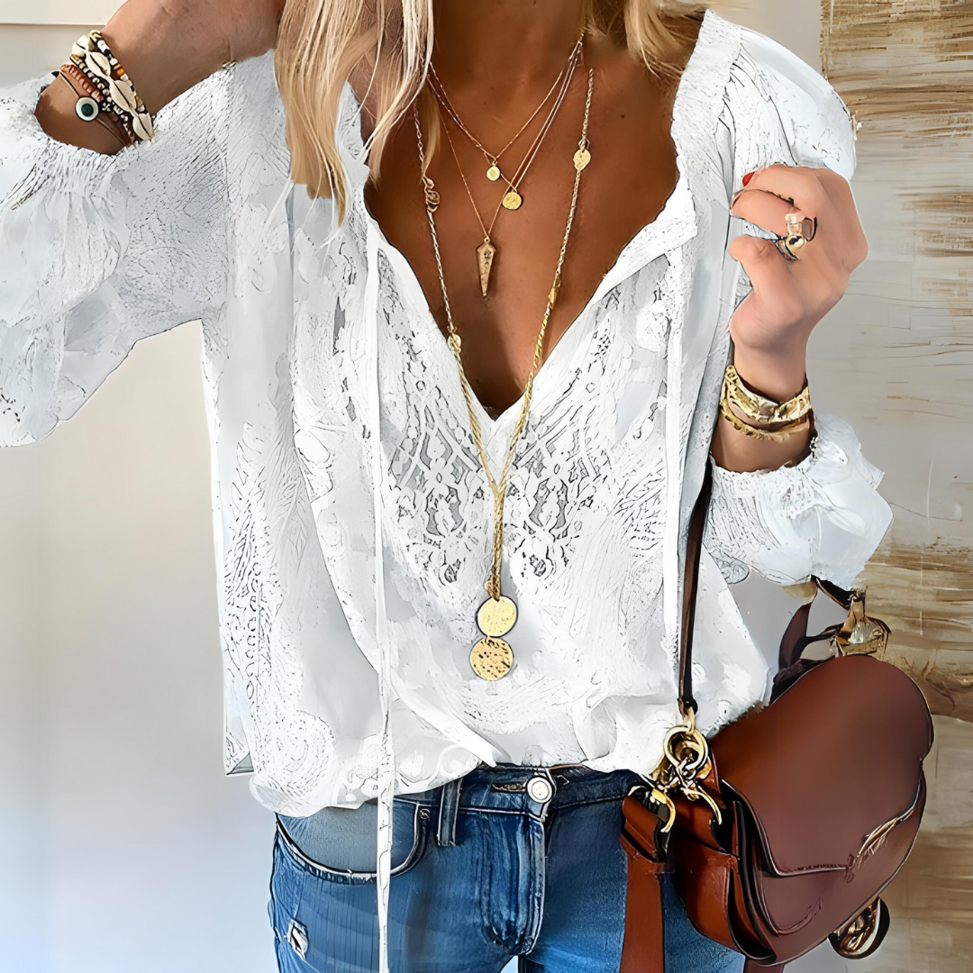 Lana Women's Blouse | Lace Detailing, Long Sleeve V-Neck 1