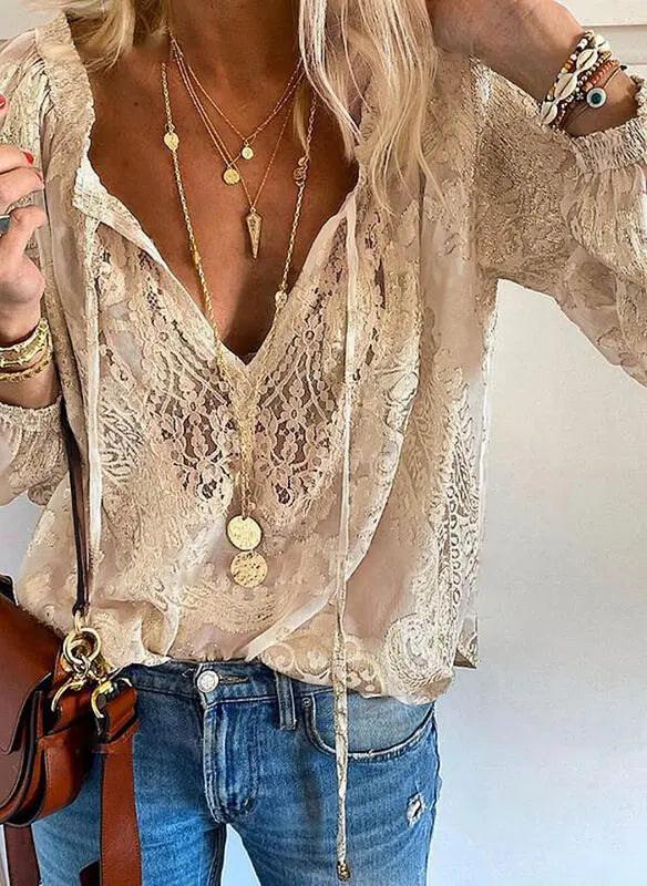 Lana Women's Blouse | Lace Detailing, Long Sleeve V-Neck 4