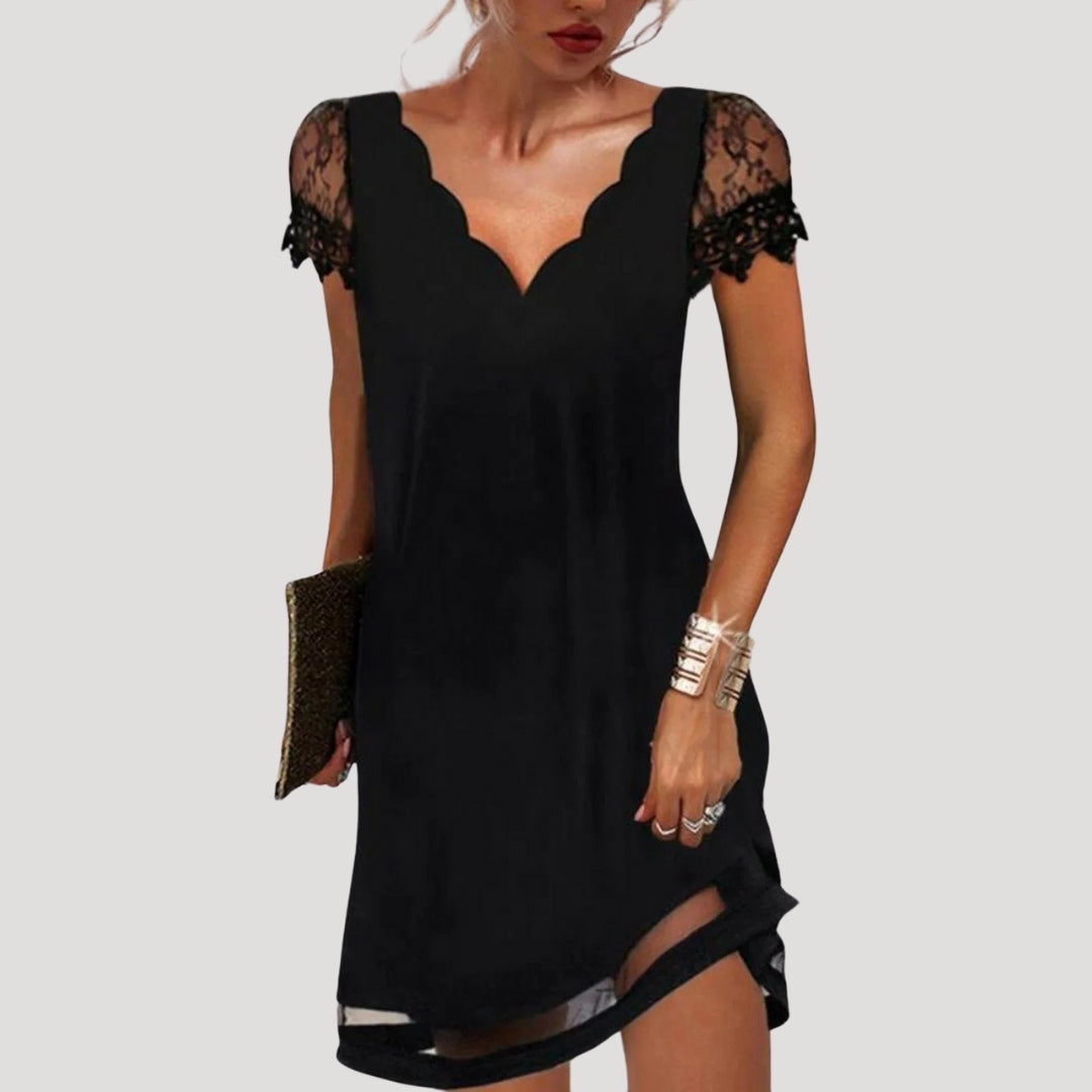 Lara Women's Black Dress | Lace Short Sleeve Elegance 0