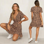 Lila Women's Dress | V-Neck Leopard Print, Short Sleeve Casual Dress 0