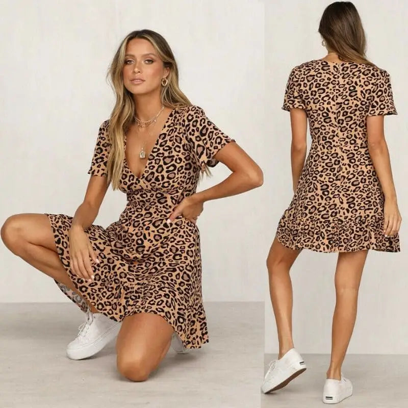 Lila Women's Dress | V-Neck Leopard Print, Short Sleeve Casual Dress 0