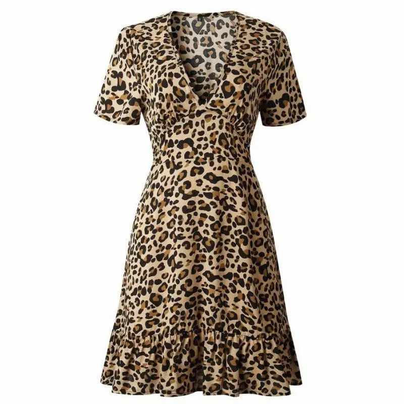Lila Women's Dress | V-Neck Leopard Print, Short Sleeve Casual Dress 2