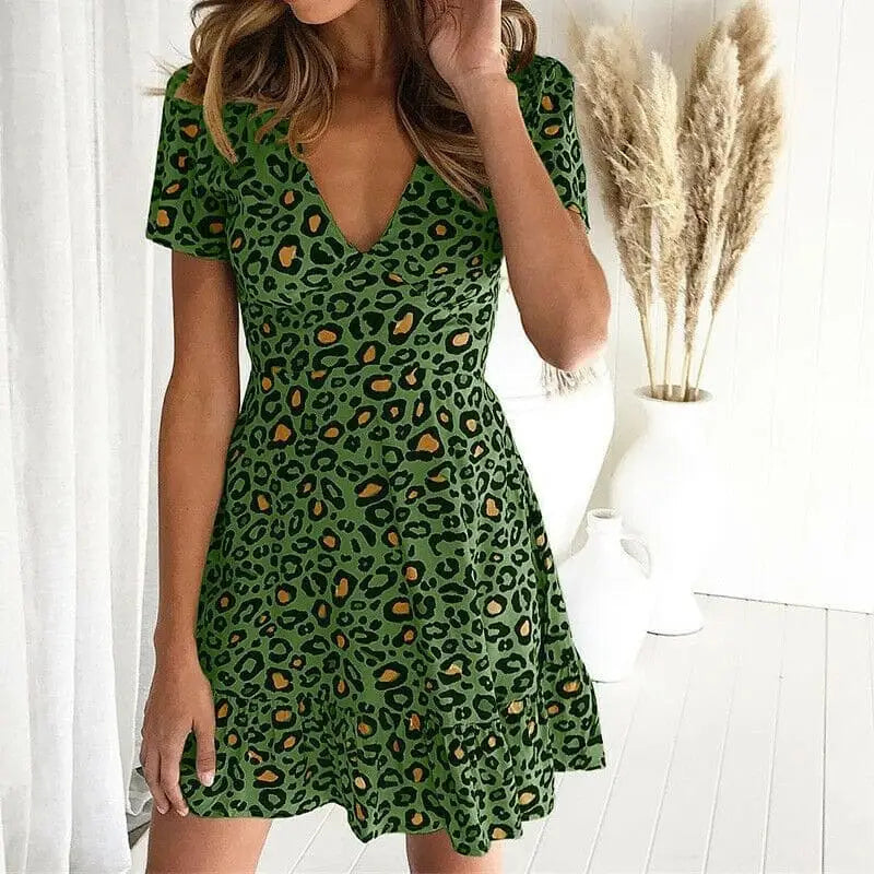 Lila Women's Dress | V-Neck Leopard Print, Short Sleeve Casual Dress 5