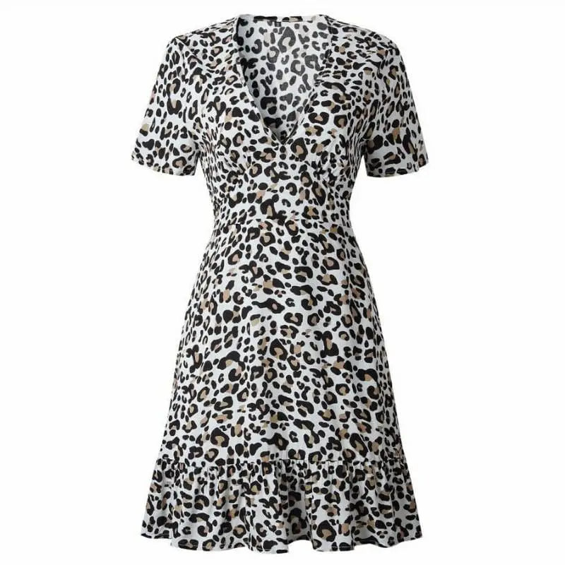 Lila Women's Dress | V-Neck Leopard Print, Short Sleeve Casual Dress 8