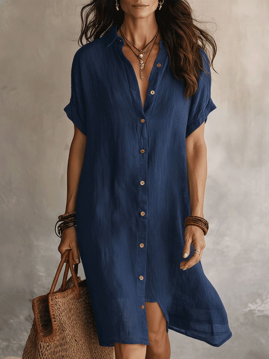 Linen Midi Shirt Dress for Women with Gold Buttons - Relaxed Fit & Elegant Design 2