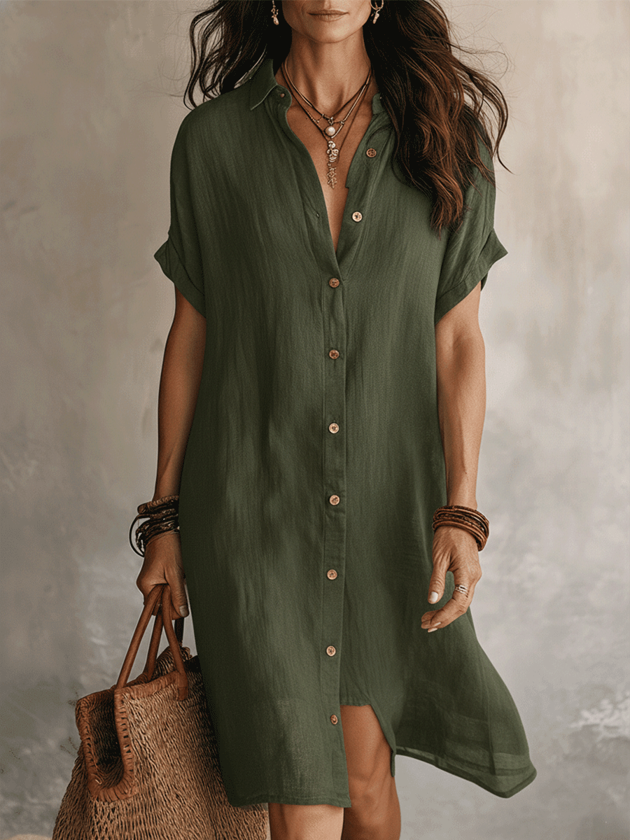 Linen Midi Shirt Dress for Women with Gold Buttons - Relaxed Fit & Elegant Design 3
