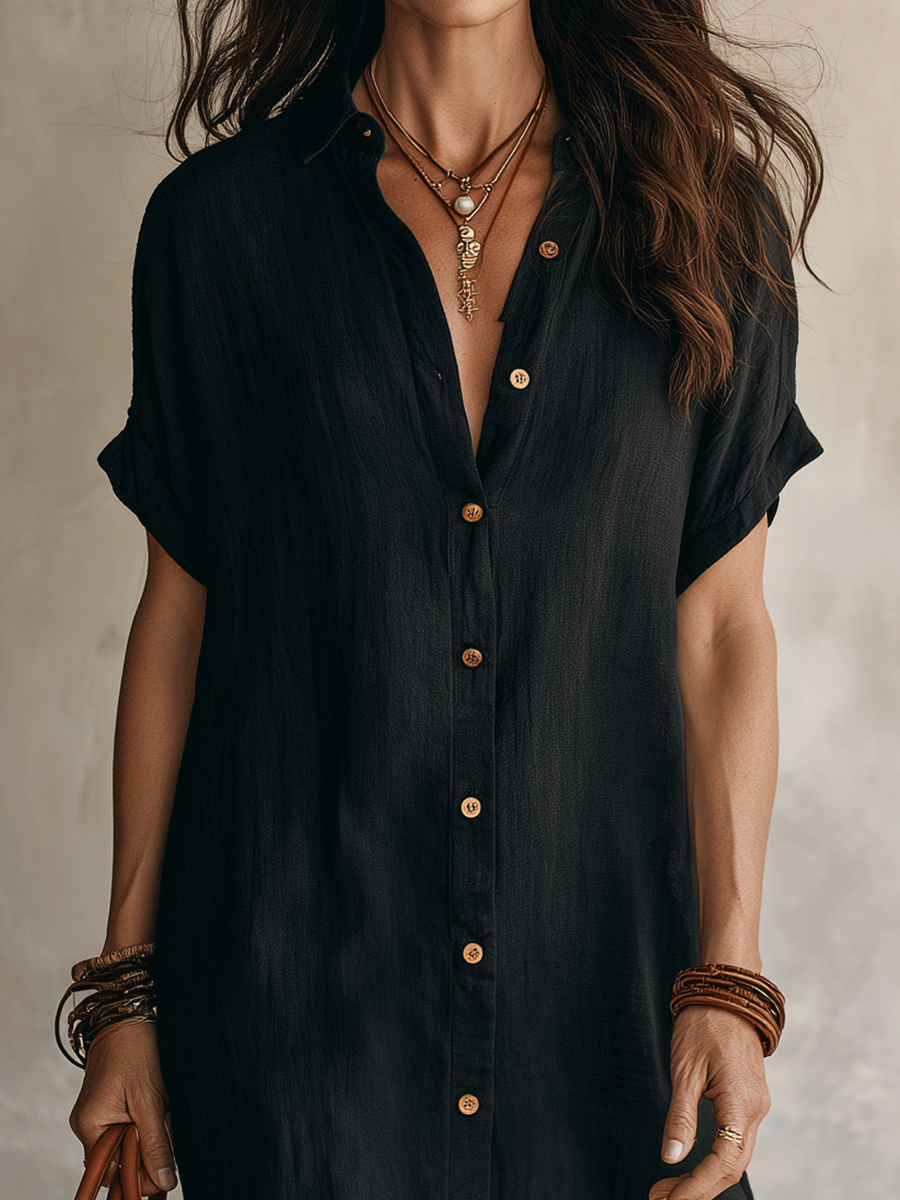 Linen Midi Shirt Dress for Women with Gold Buttons - Relaxed Fit & Elegant Design 6