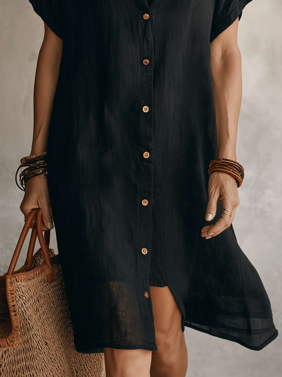 Linen Midi Shirt Dress for Women with Gold Buttons - Relaxed Fit & Elegant Design 7