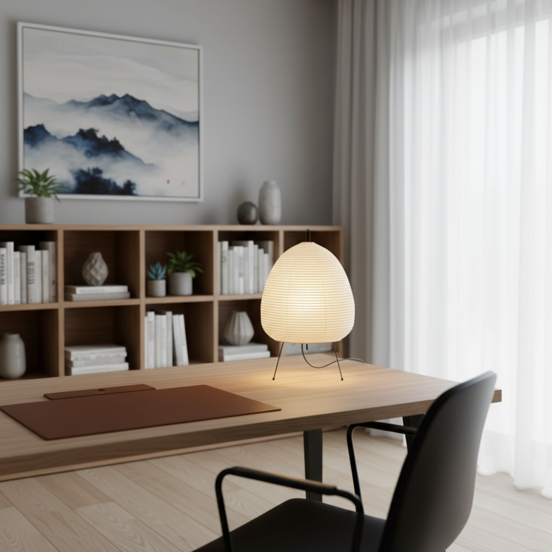 LumiaTria Japandi Rice Paper Table Lamp - Minimalist Tripod Desk Light, E27