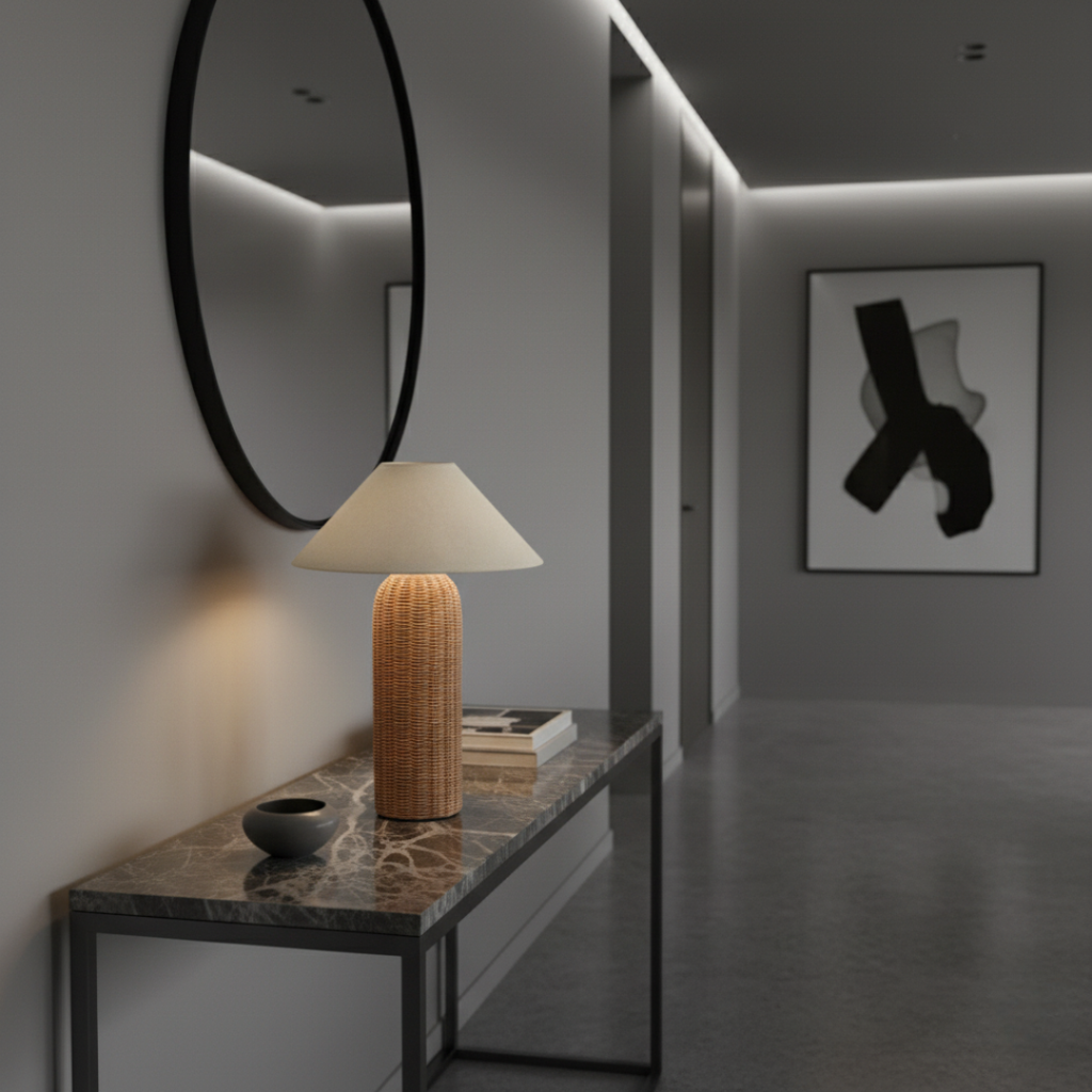 LunaraTextus Natural Rattan Table Lamp - Japandi Linen Shade Bedside Light, E27