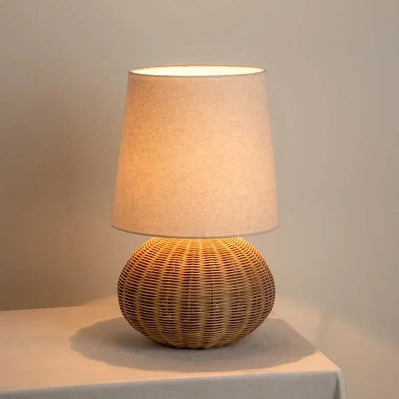 LunaraTextus Natural Rattan Table Lamp - Japandi Linen Shade Bedside Light, E27