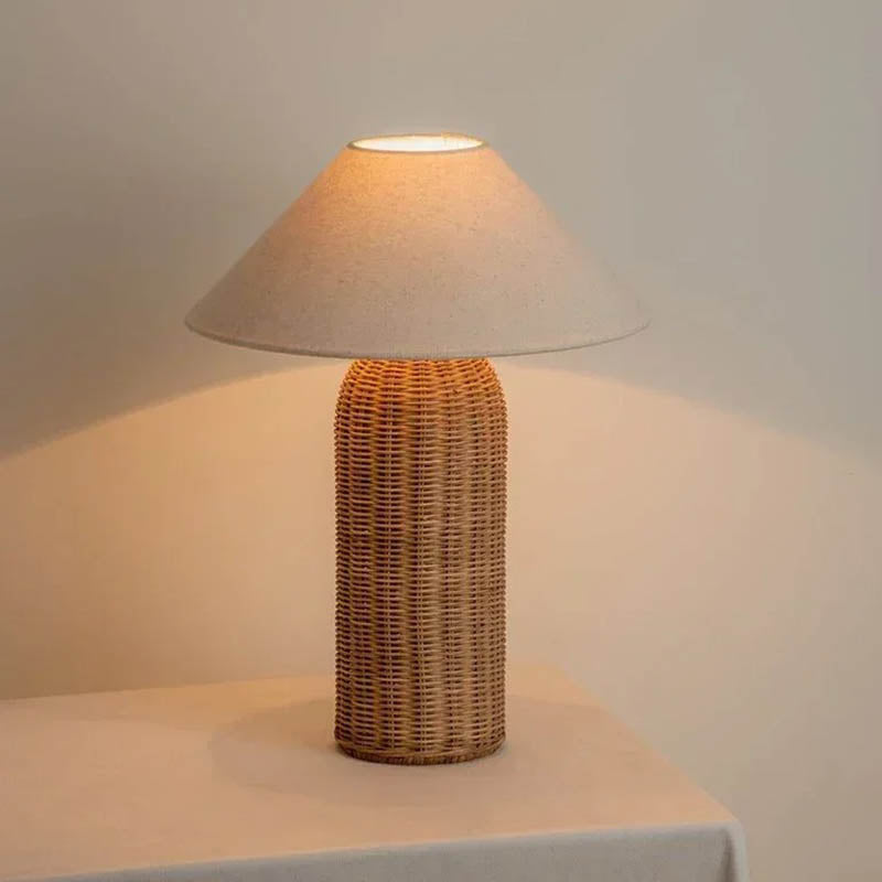 LunaraTextus Natural Rattan Table Lamp - Japandi Linen Shade Bedside Light, E27