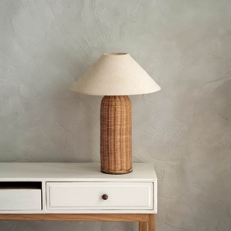 LunaraTextus Natural Rattan Table Lamp - Japandi Linen Shade Bedside Light, E27
