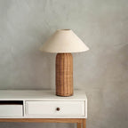 LunaraTextus Natural Rattan Table Lamp - Japandi Linen Shade Bedside Light, E27