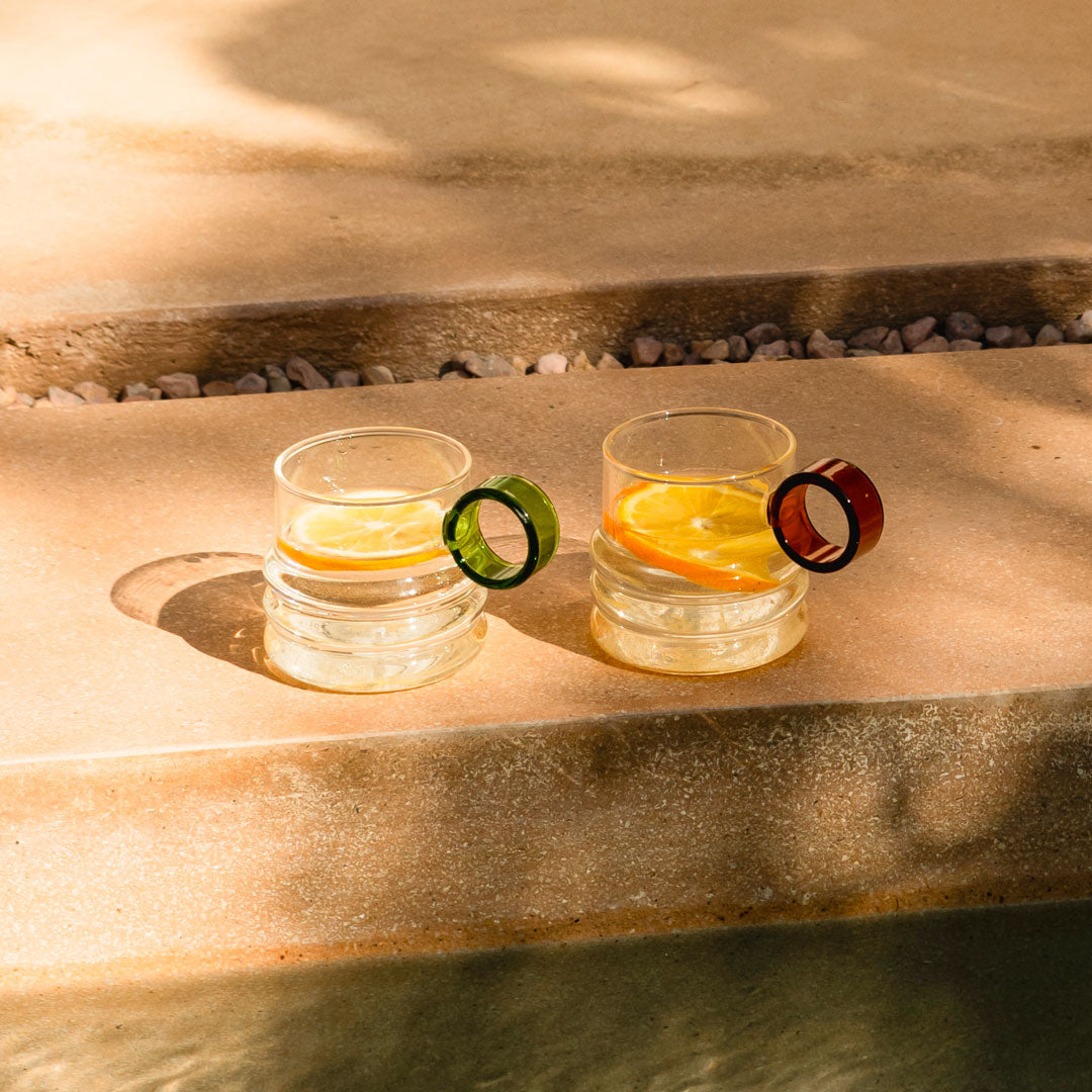 Mediterranean Drinking Glasses Set – 300ml Glassware with Circular Handle in Vibrant Colors for Stylish Dining 1