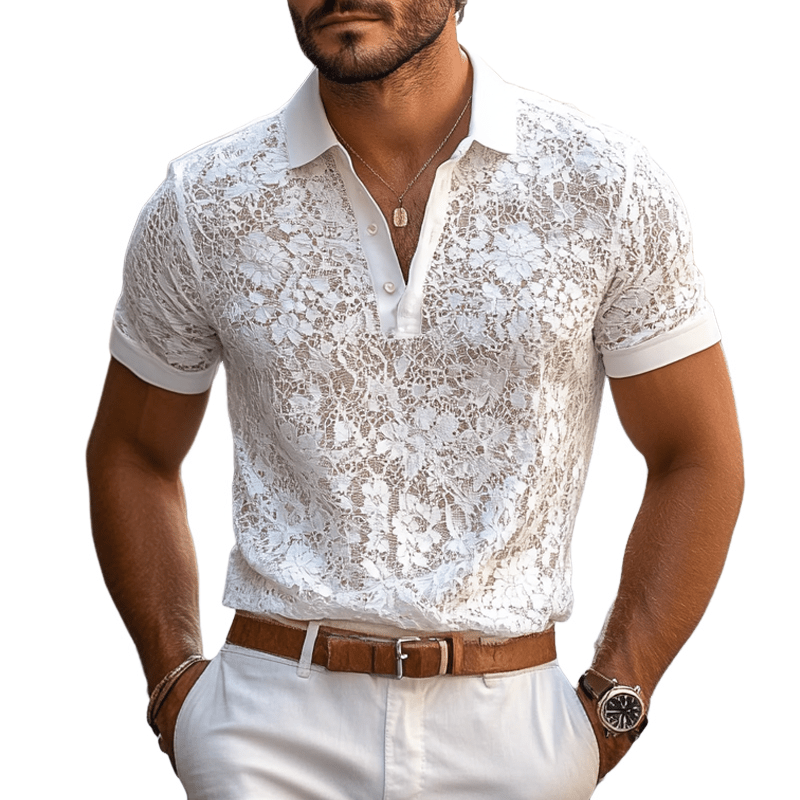 Men's Casual Polo Shirt with Lace Lapel in Cotton Blend and Regular Fit 2