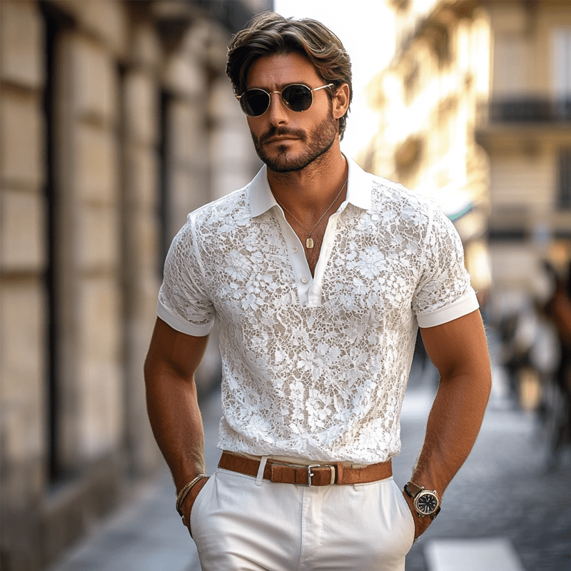 Men's Casual Polo Shirt with Lace Lapel in Cotton Blend and Regular Fit 3