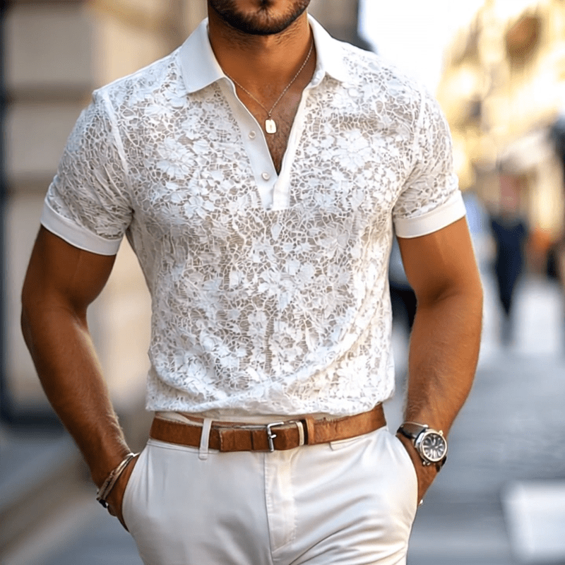 Men's Casual Polo Shirt with Lace Lapel in Cotton Blend and Regular Fit 4