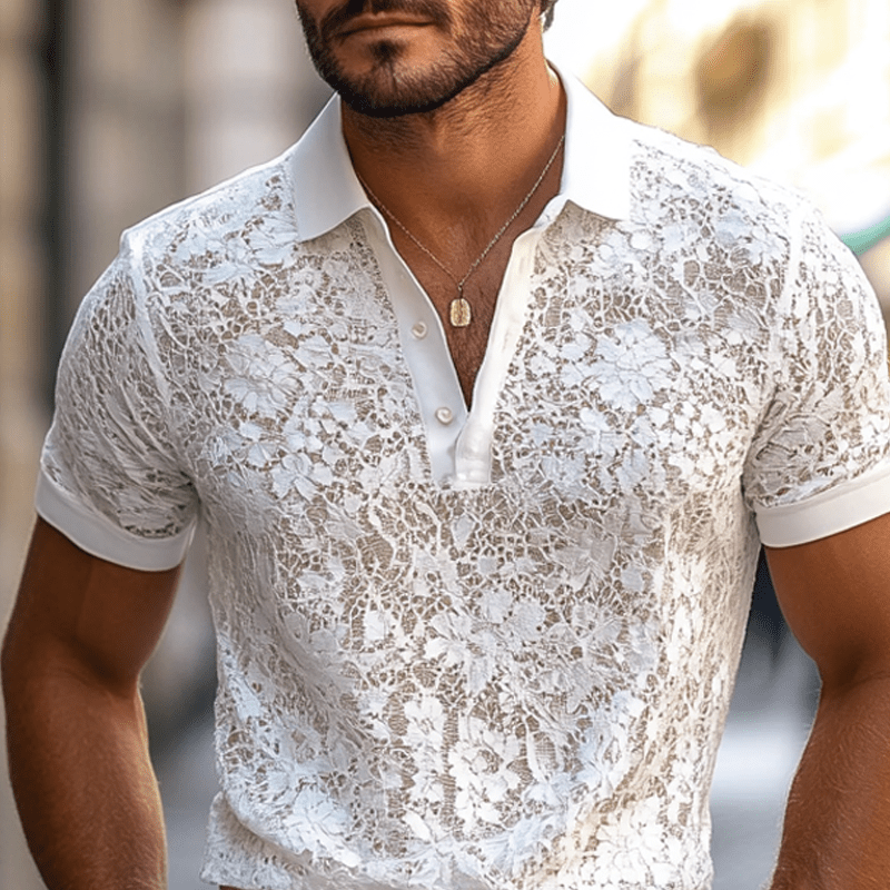Men's Casual Polo Shirt with Lace Lapel in Cotton Blend and Regular Fit 6