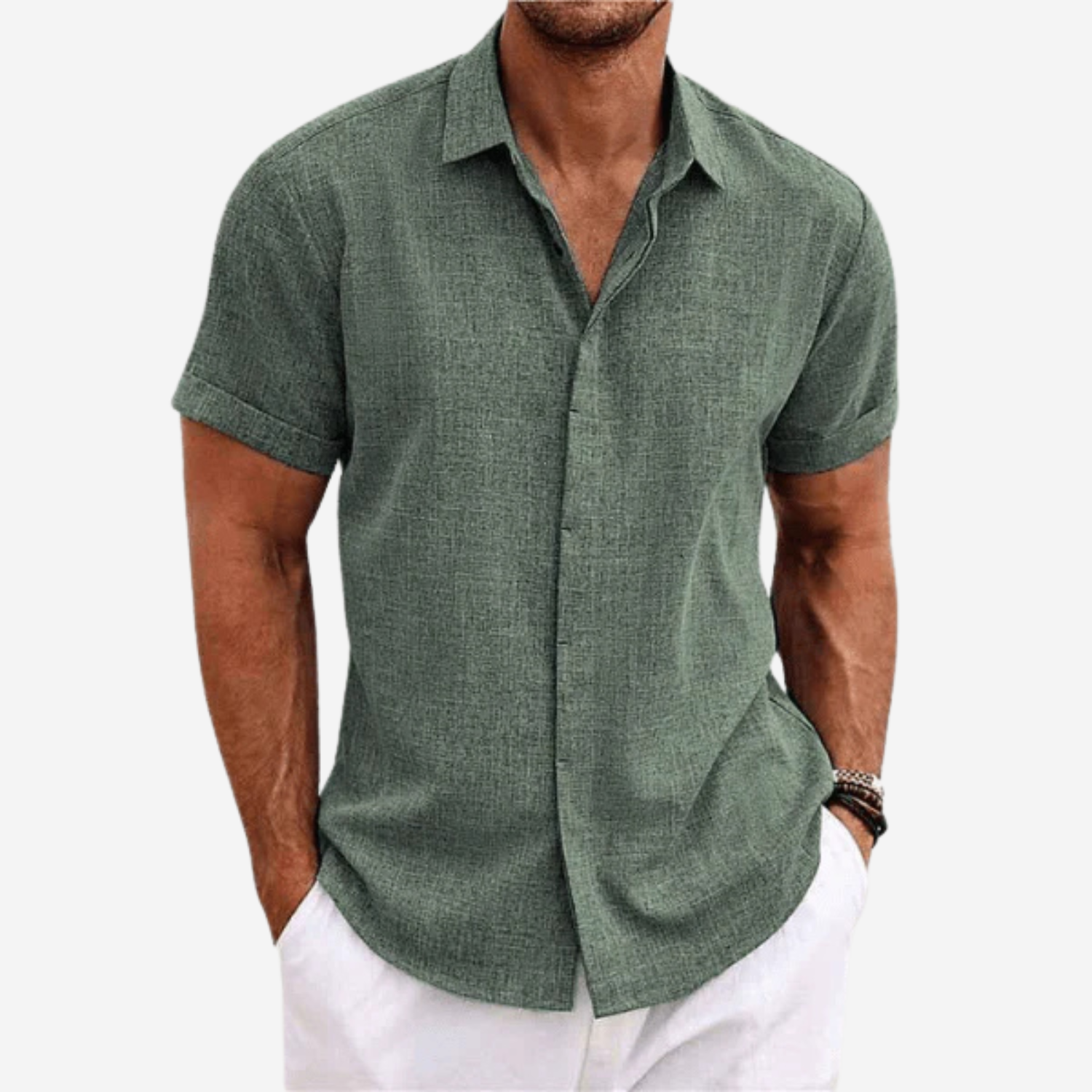 Men's Short Sleeve Button-Up Shirt in Lightweight Fabric with Structured Collar 0