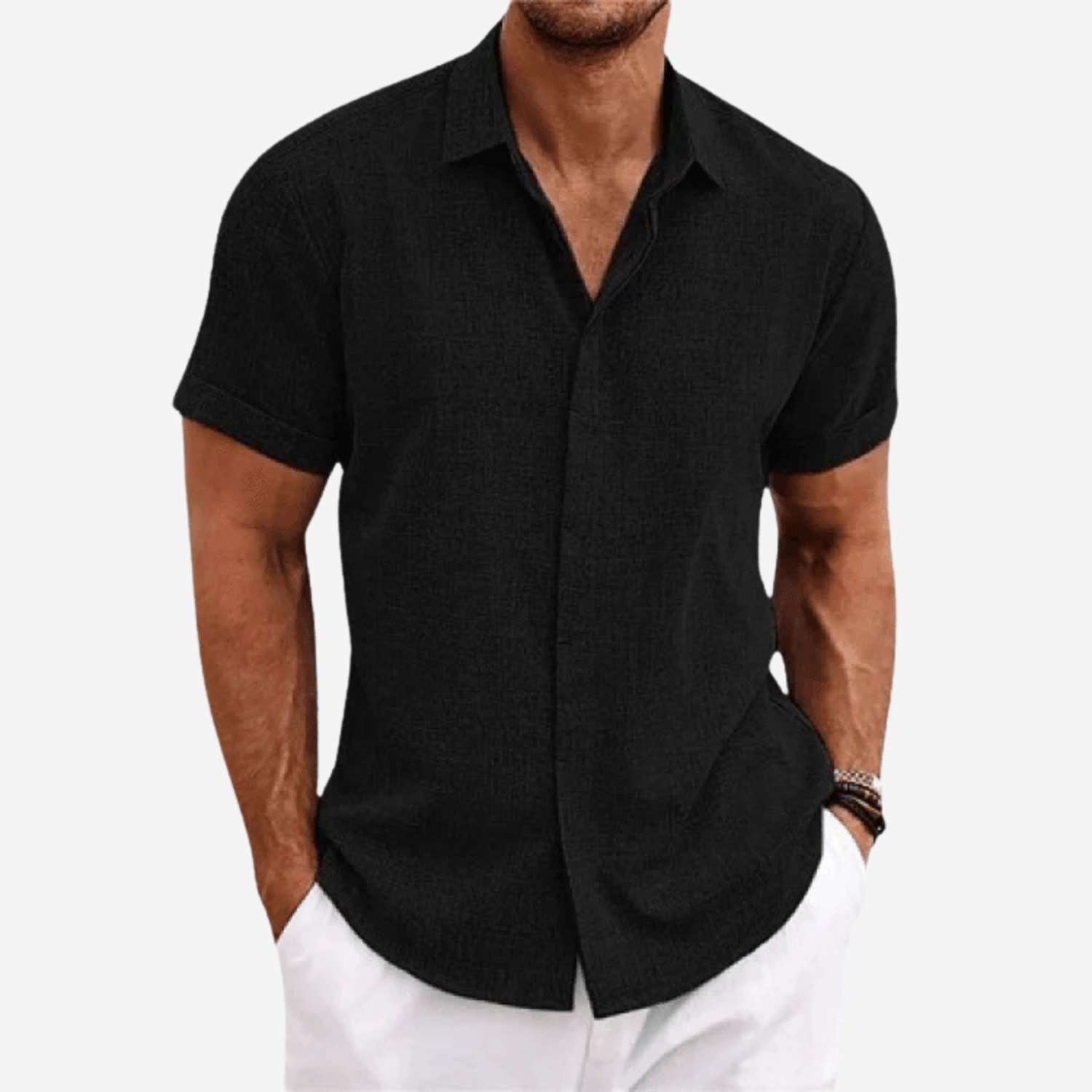 Men's Short Sleeve Button-Up Shirt in Lightweight Fabric with Structured Collar 1