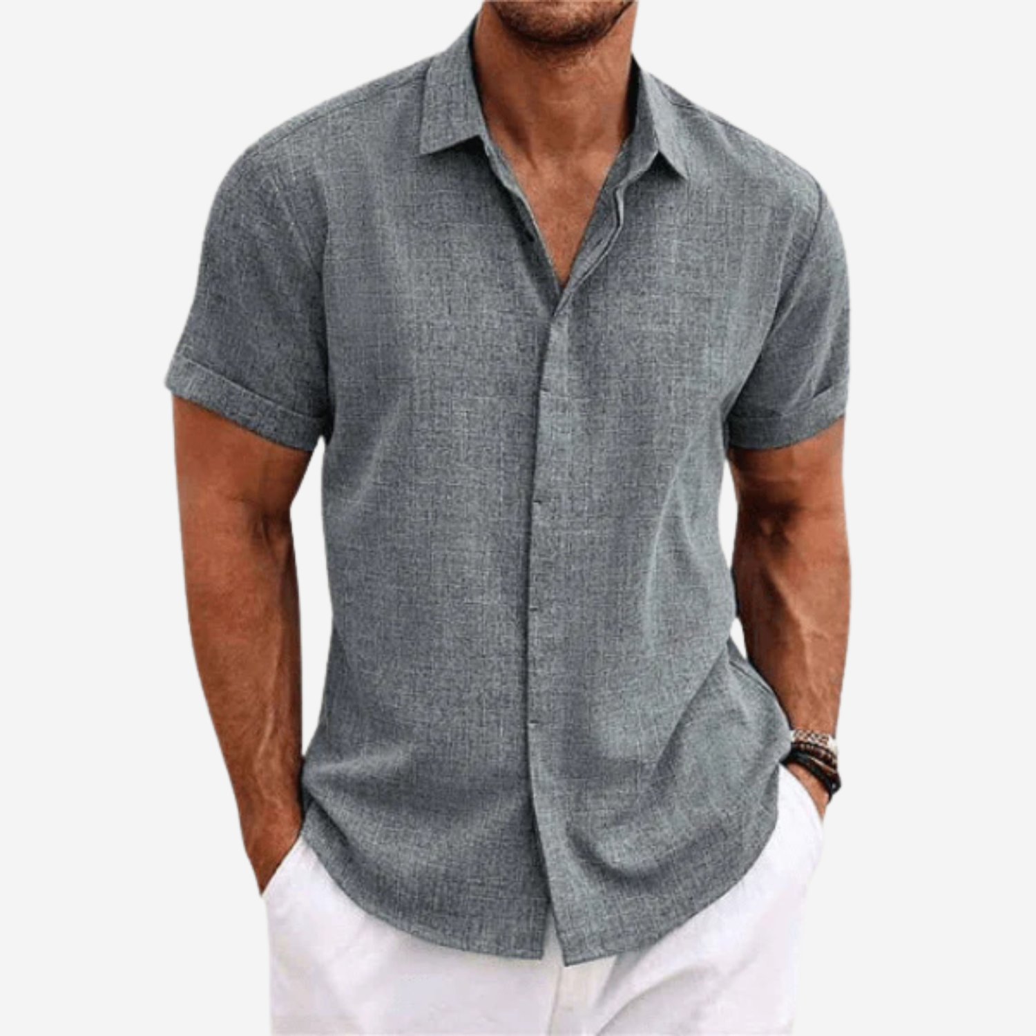 Men's Short Sleeve Button-Up Shirt in Lightweight Fabric with Structured Collar 2