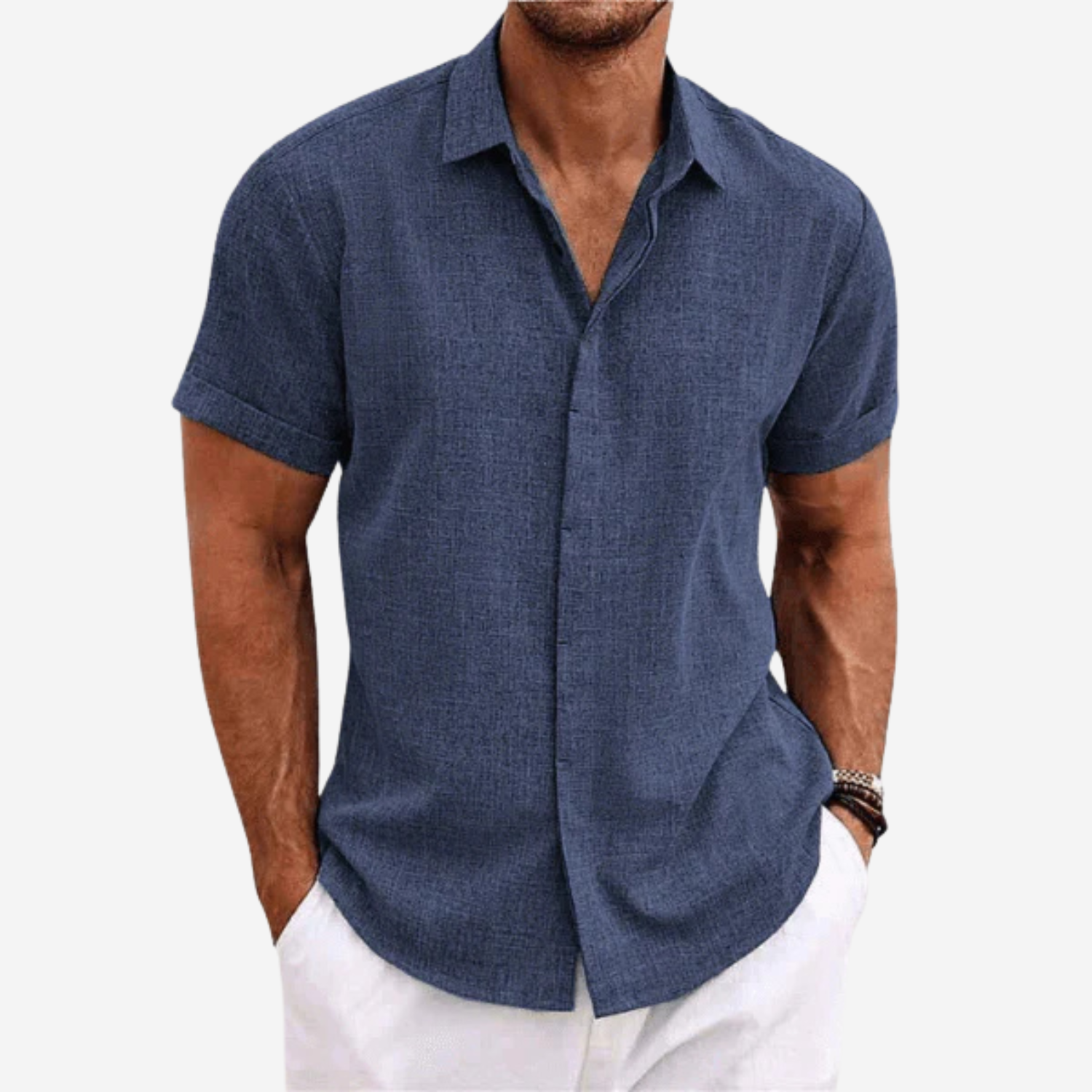 Men's Short Sleeve Button-Up Shirt in Lightweight Fabric with Structured Collar 3