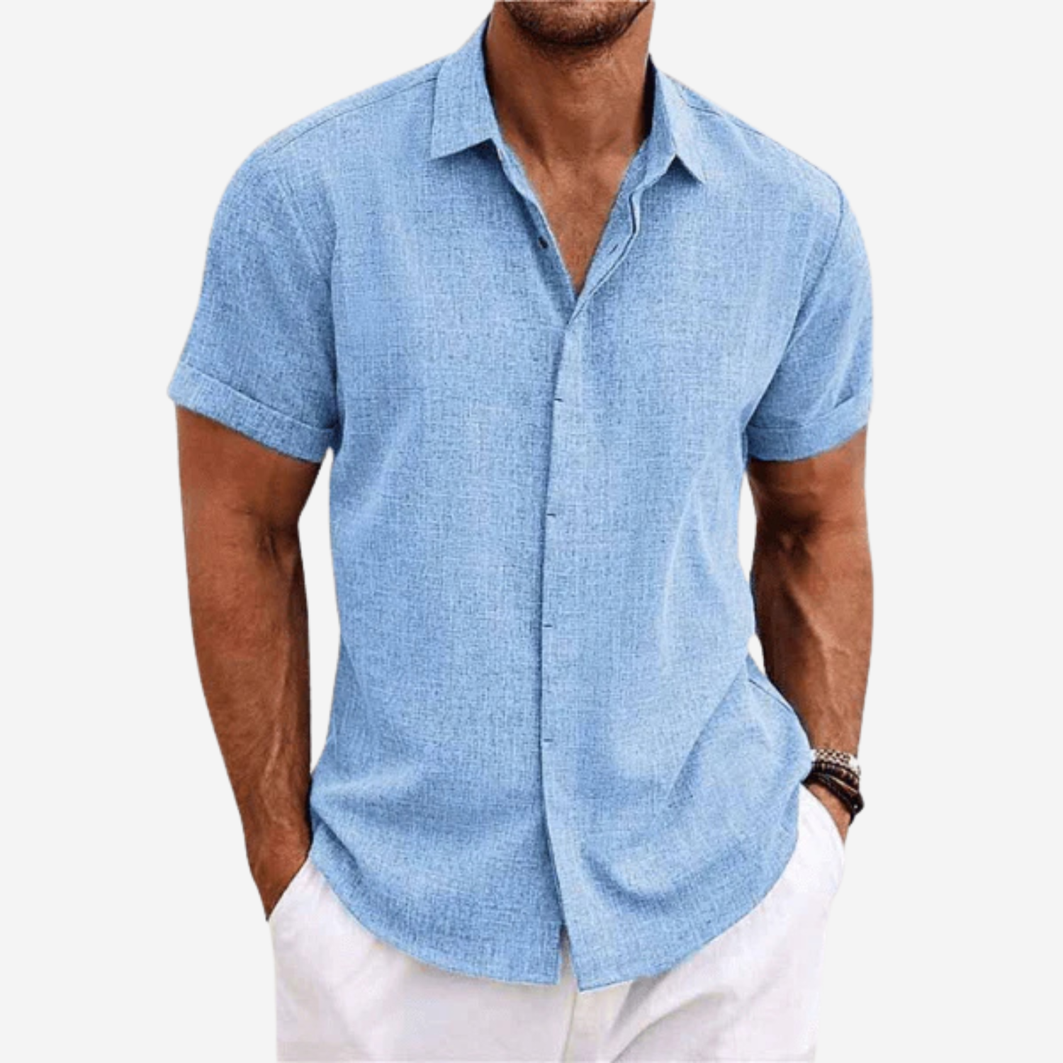 Men's Short Sleeve Button-Up Shirt in Lightweight Fabric with Structured Collar 4