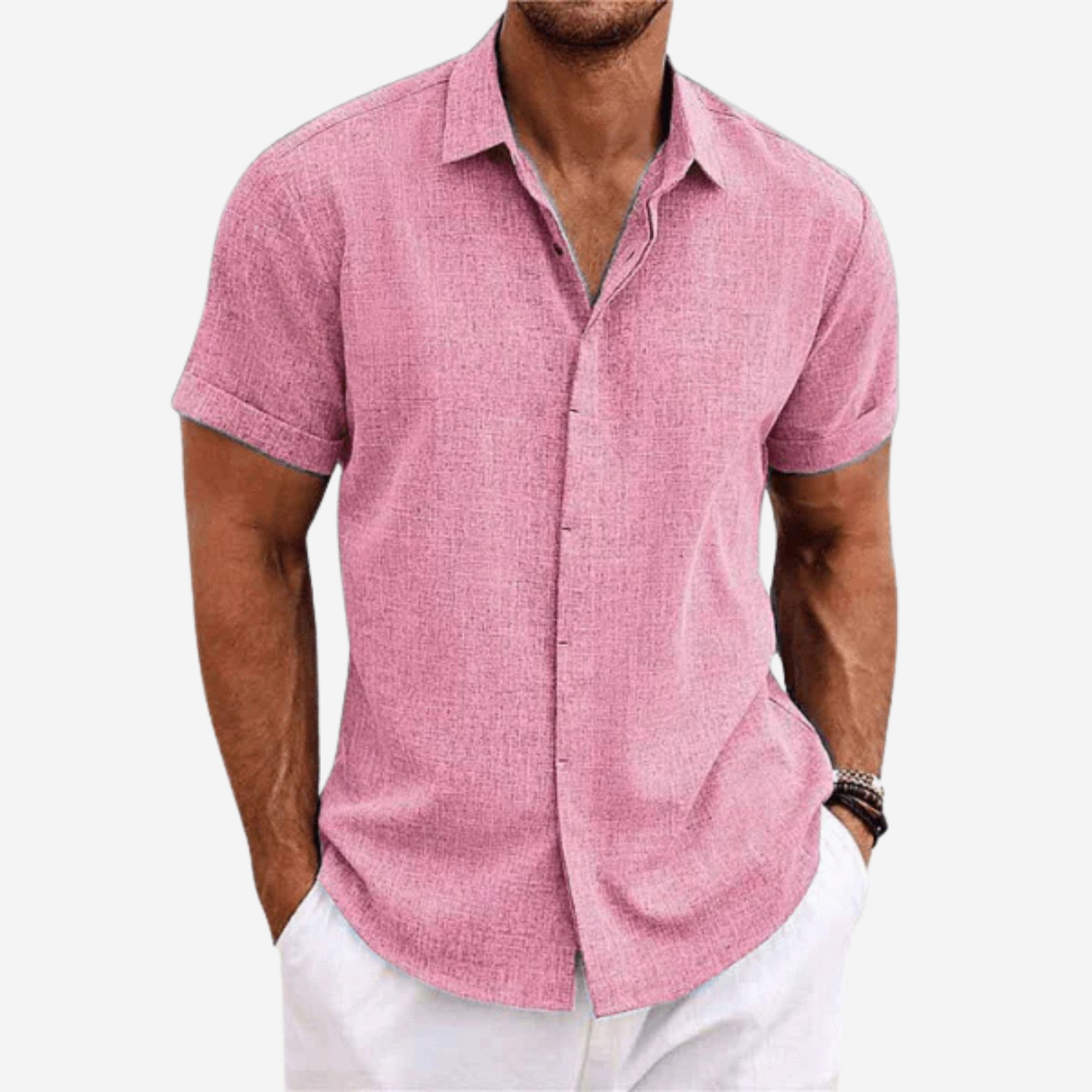 Men's Short Sleeve Button-Up Shirt in Lightweight Fabric with Structured Collar 5