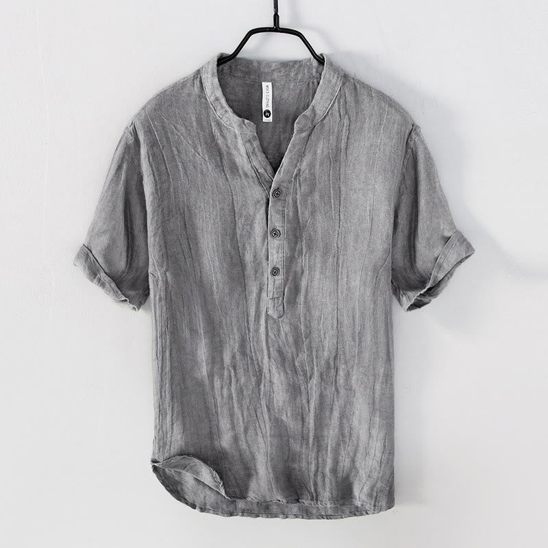 Men's Short Sleeve Button-Up Shirt with Stand Collar in Breathable Fabric 0