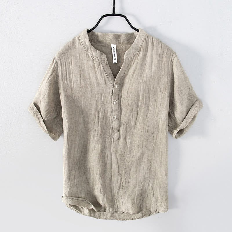 Men's Short Sleeve Button-Up Shirt with Stand Collar in Breathable Fabric 10