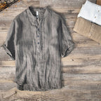 Men's Short Sleeve Button-Up Shirt with Stand Collar in Breathable Fabric 3