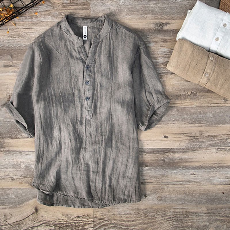 Men's Short Sleeve Button-Up Shirt with Stand Collar in Breathable Fabric 3