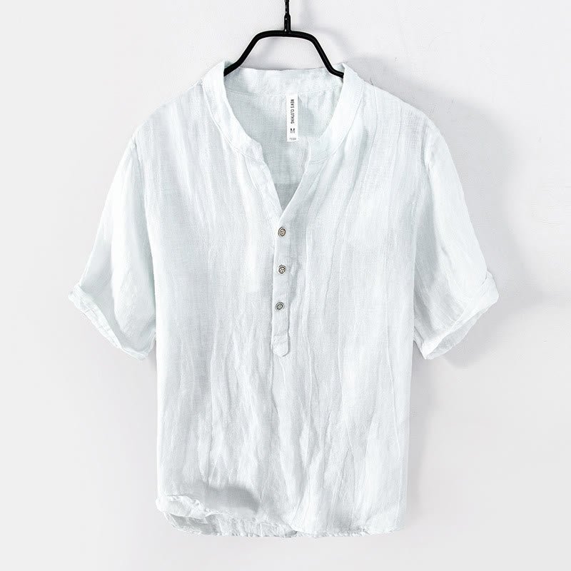 Men's Short Sleeve Button-Up Shirt with Stand Collar in Breathable Fabric 9