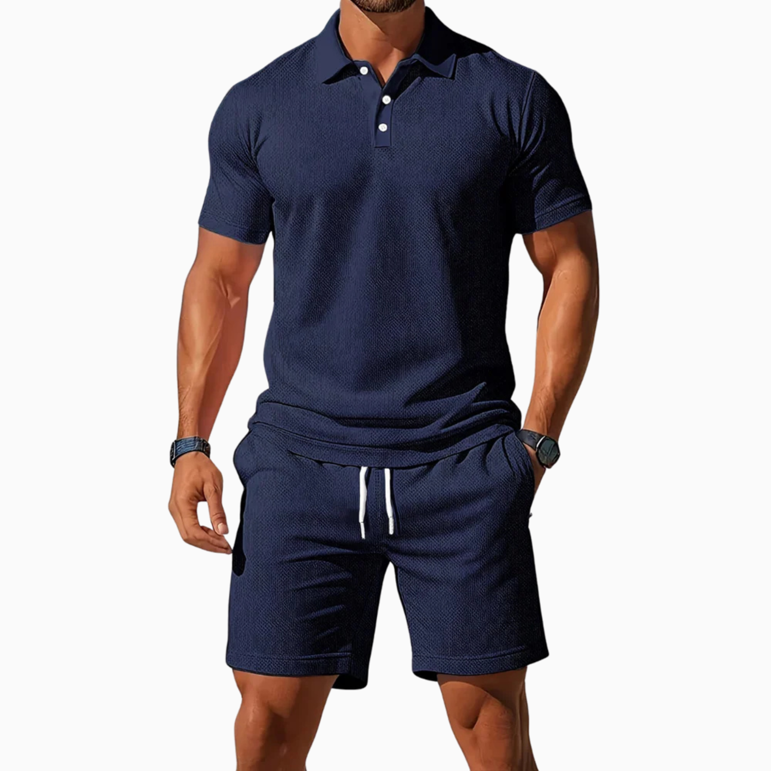 Men's Short Sleeve Polo Shirt and Shorts Set in Breathable Fabric with Relaxed Fit 1