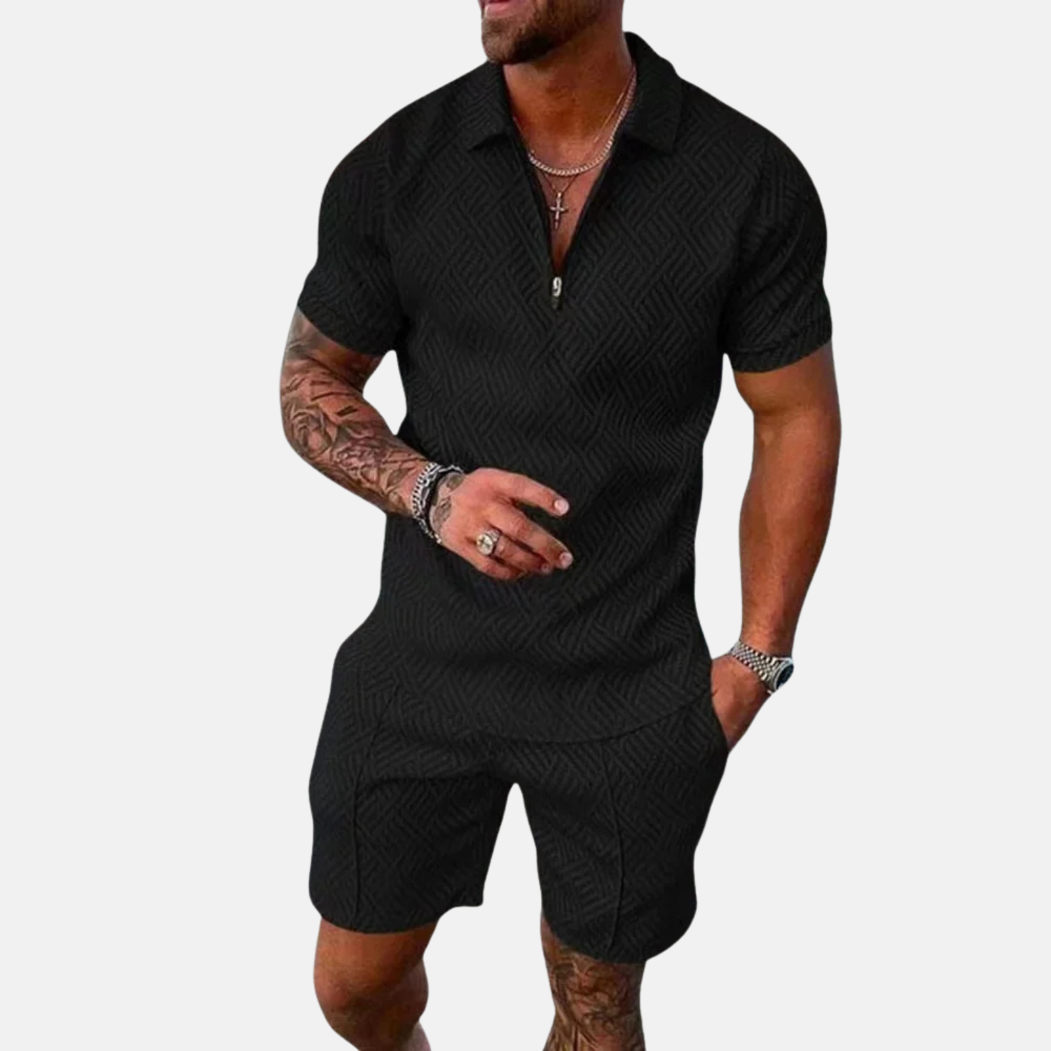 Men's Short Sleeve Polo Shirt and Shorts Set in Textured Fabric for Casual Summer Style 0