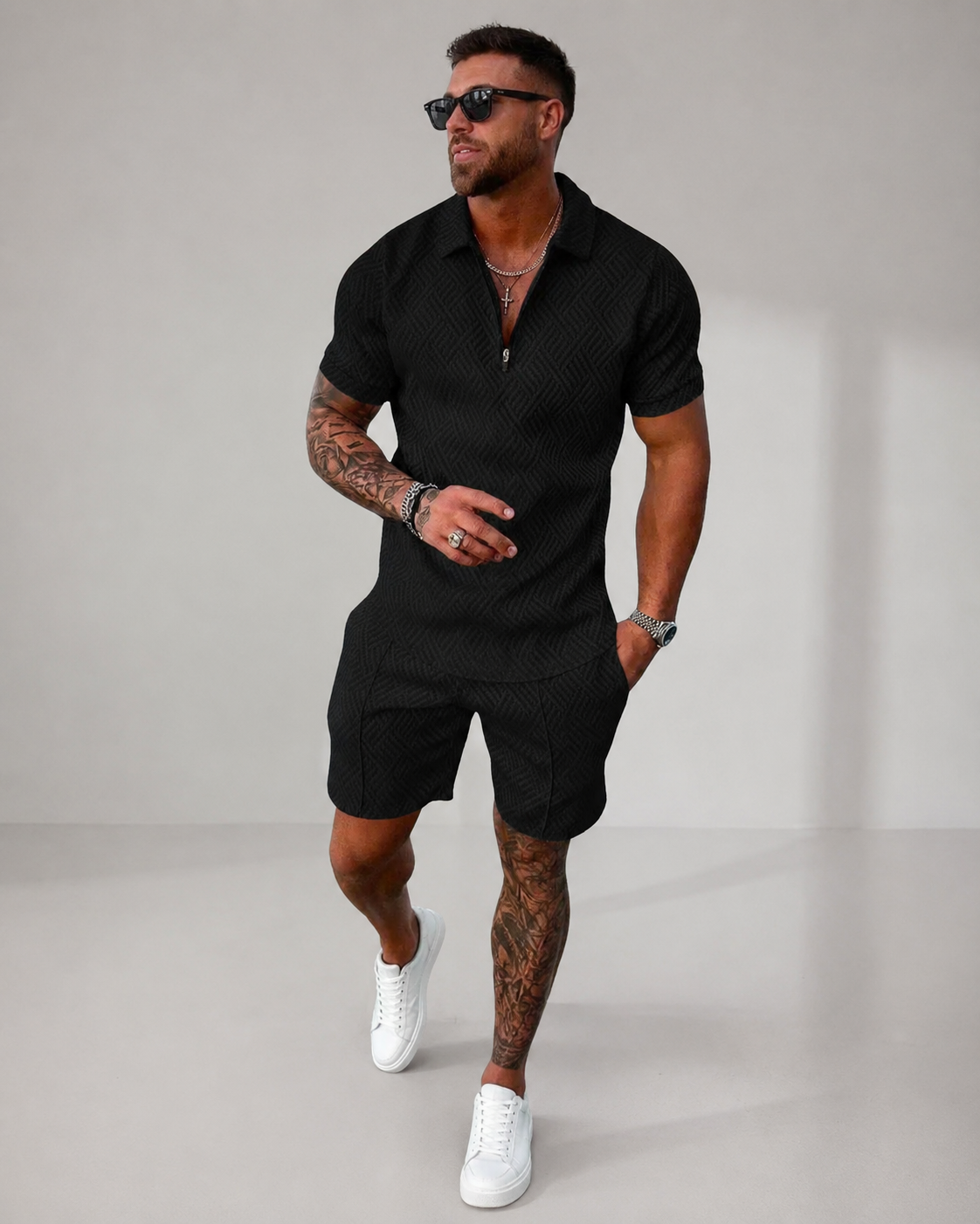 Men's Short Sleeve Polo Shirt and Shorts Set in Textured Fabric for Casual Summer Style 01