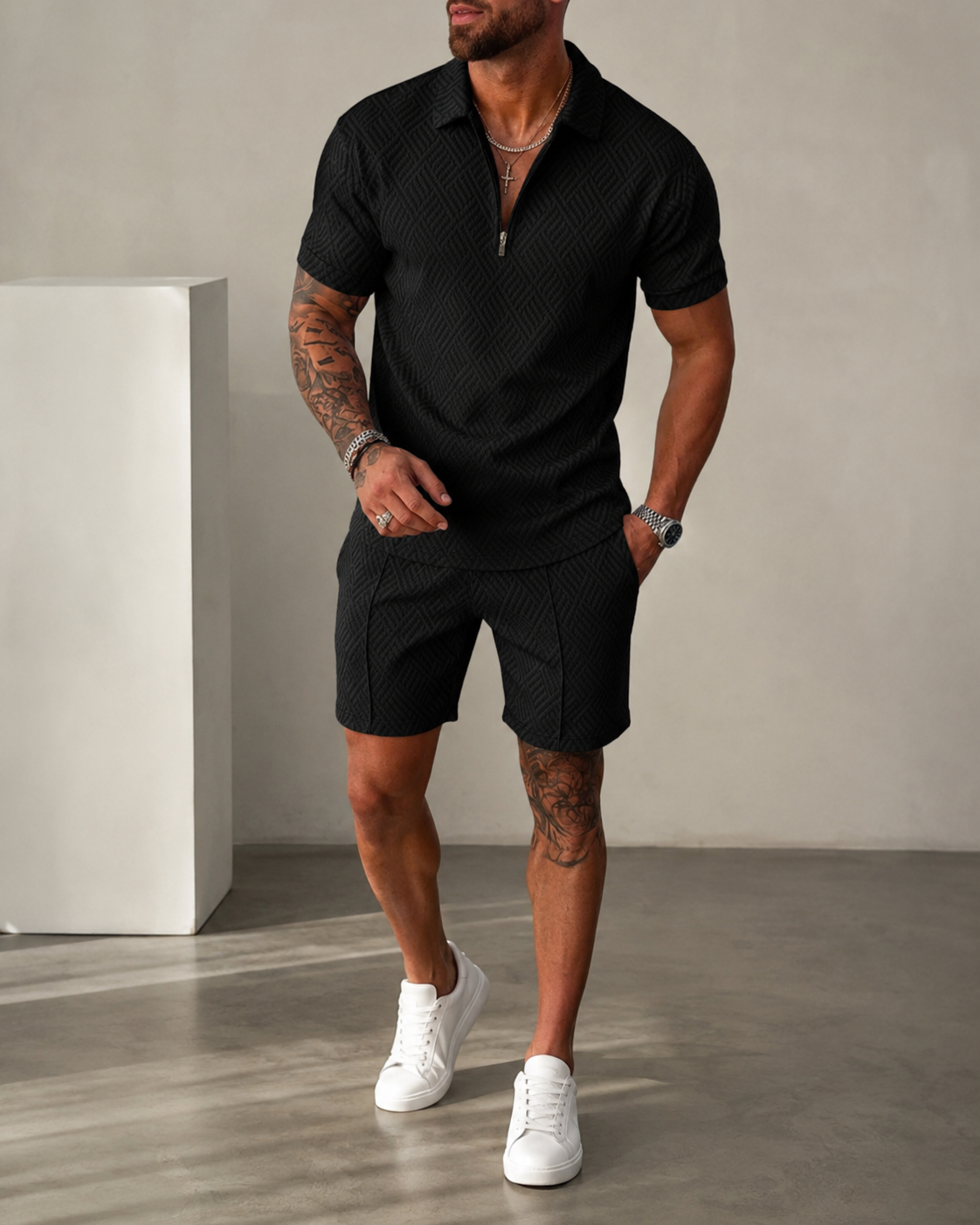 Men's Short Sleeve Polo Shirt and Shorts Set in Textured Fabric for Casual Summer Style 03