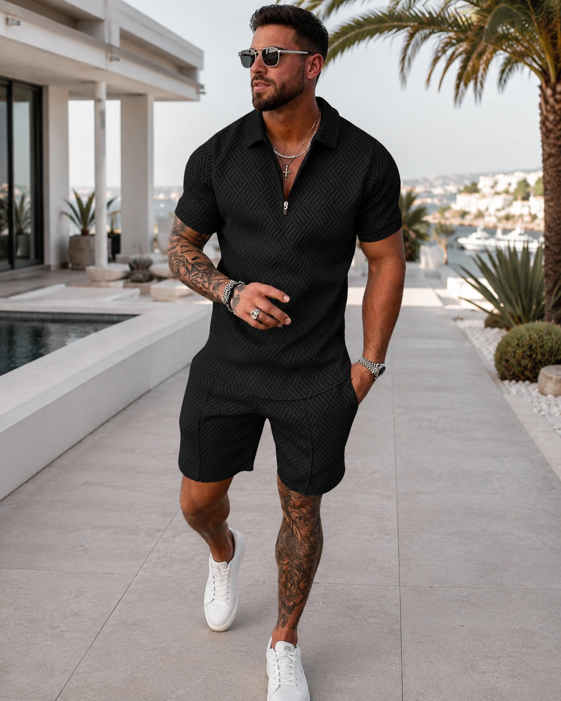 Men's Short Sleeve Polo Shirt and Shorts Set in Textured Fabric for Casual Summer Style 04