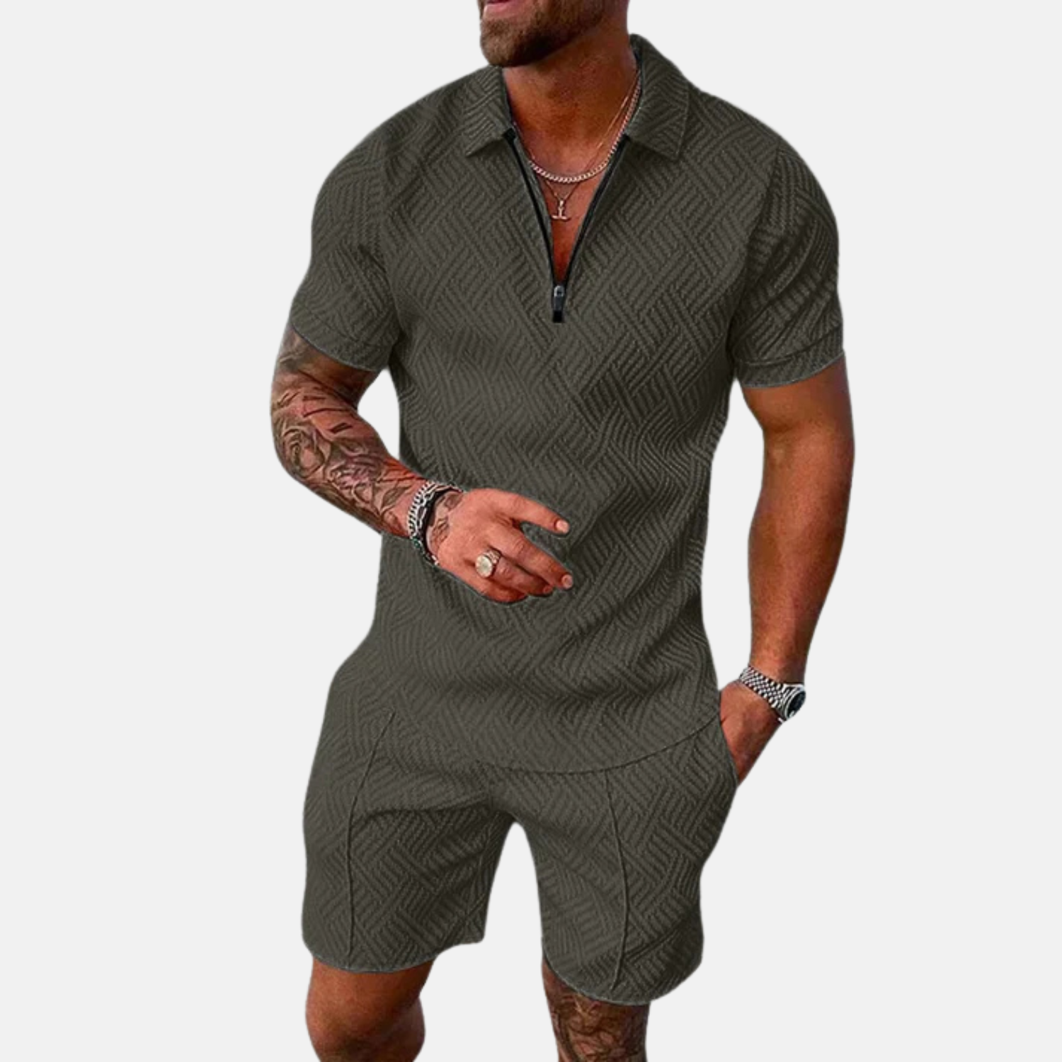 Men's Short Sleeve Polo Shirt and Shorts Set in Textured Fabric for Casual Summer Style 1