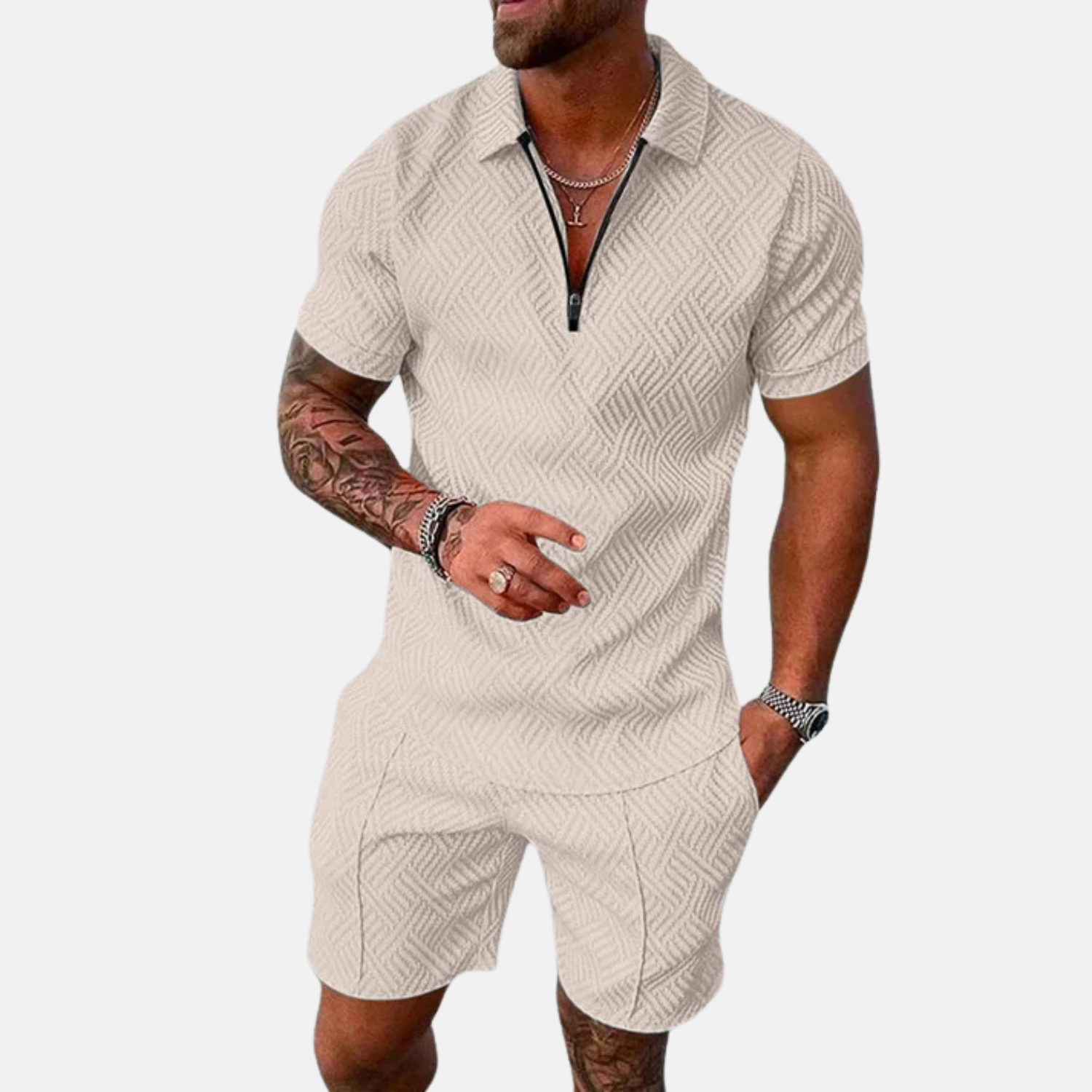 Men's Short Sleeve Polo Shirt and Shorts Set in Textured Fabric for Casual Summer Style 2