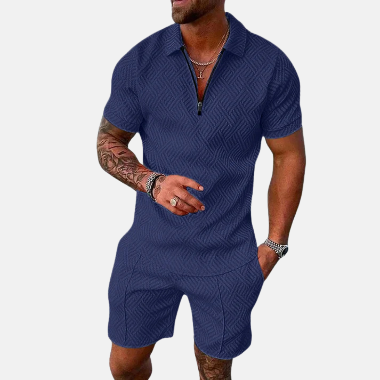 Men's Short Sleeve Polo Shirt and Shorts Set in Textured Fabric for Casual Summer Style 3