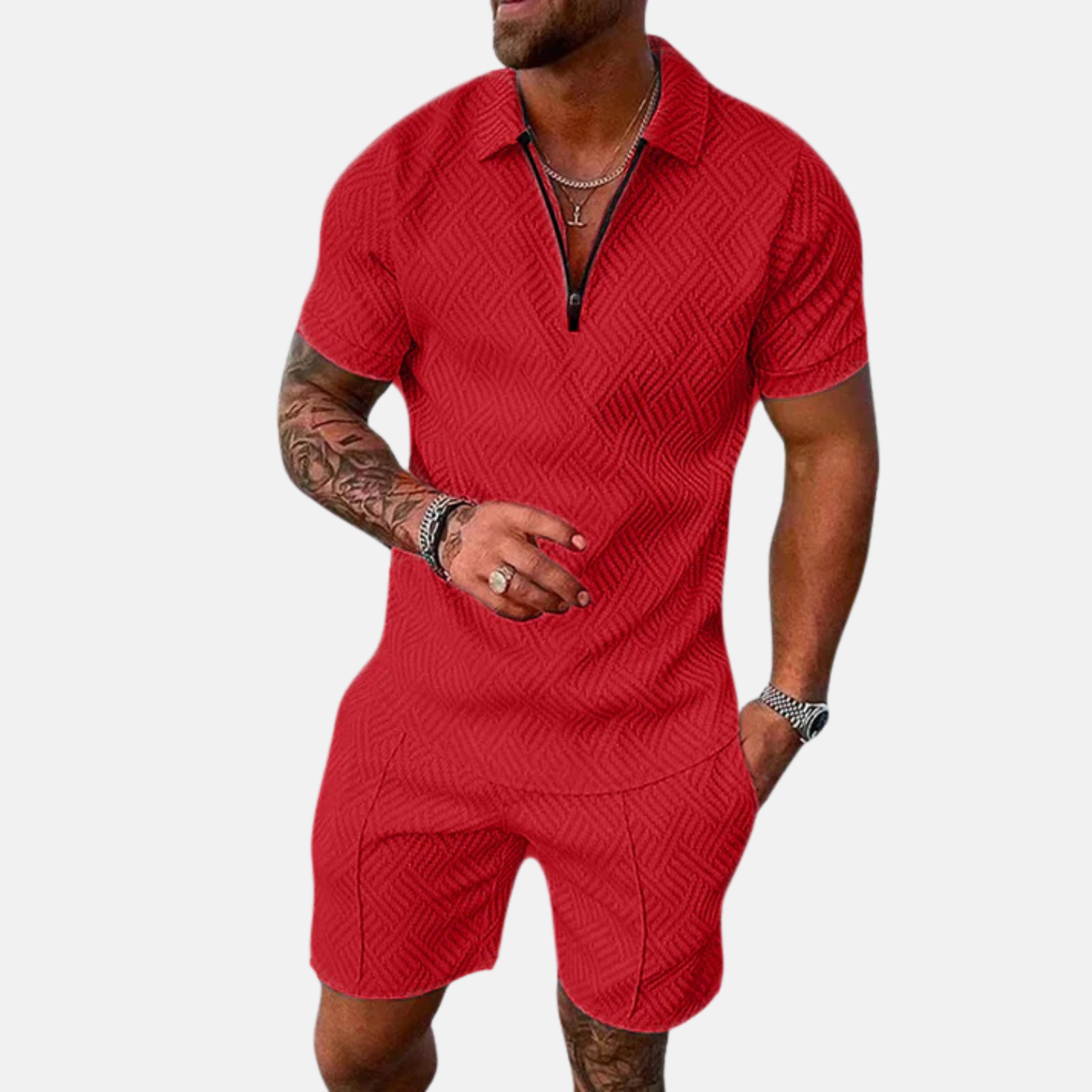 Men's Short Sleeve Polo Shirt and Shorts Set in Textured Fabric for Casual Summer Style 4
