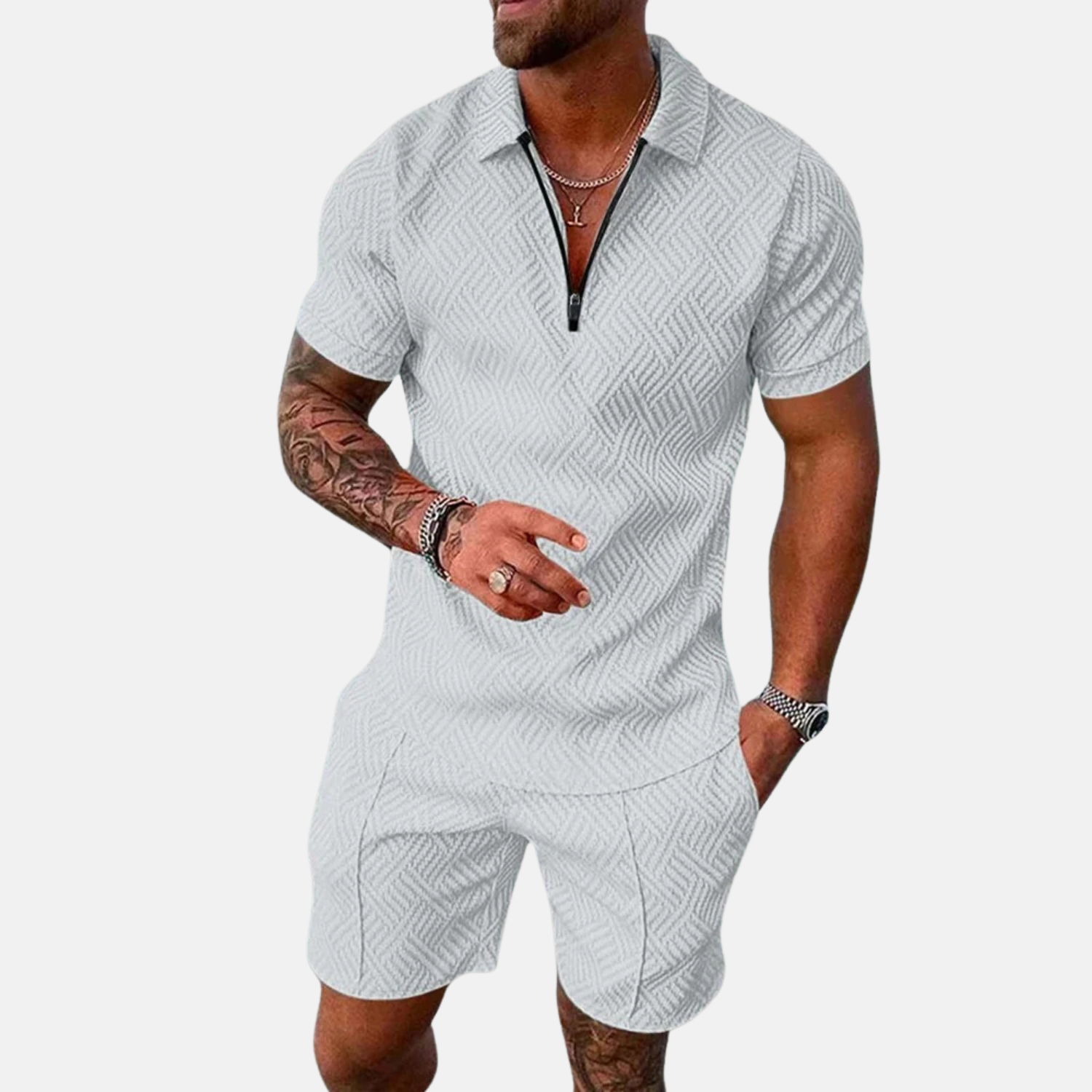 Men's Short Sleeve Polo Shirt and Shorts Set in Textured Fabric for Casual Summer Style 5