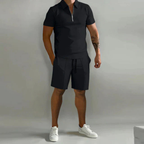 Men's Short Sleeve Polo Shirt and Shorts Set with Zip Collar and Relaxed Fit 0