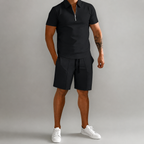 Men's Short Sleeve Polo Shirt and Shorts Set with Zip Collar and Relaxed Fit 01