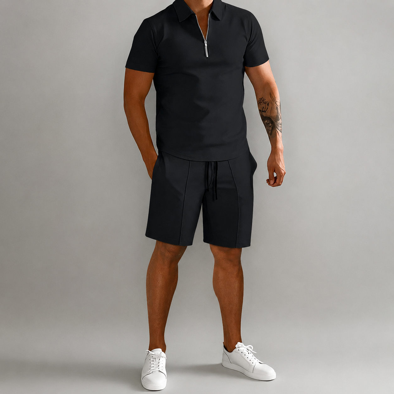 Men's Short Sleeve Polo Shirt and Shorts Set with Zip Collar and Relaxed Fit 01