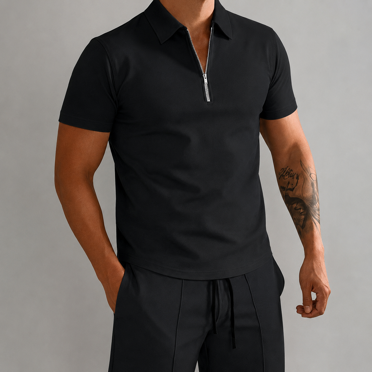 Men's Short Sleeve Polo Shirt and Shorts Set with Zip Collar and Relaxed Fit 04