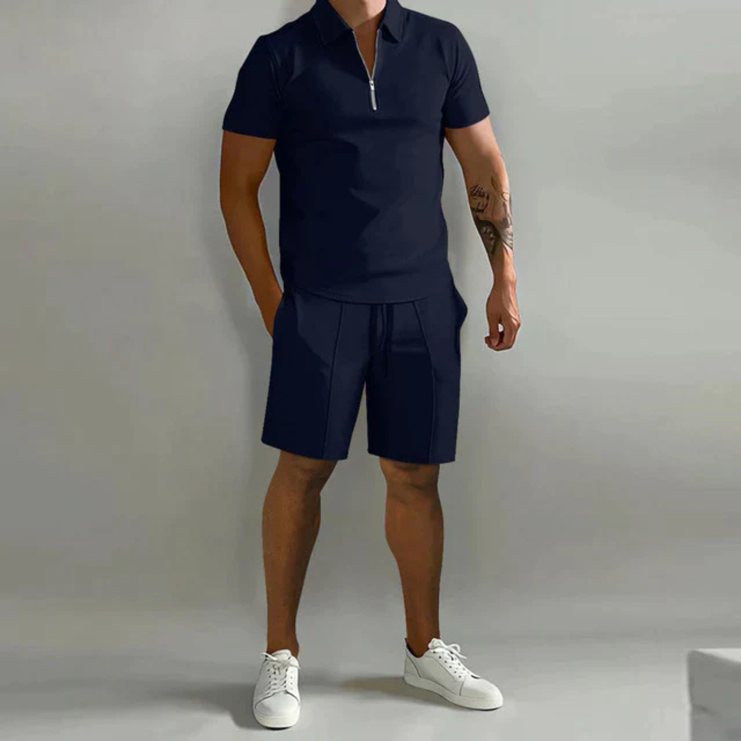 Men's Short Sleeve Polo Shirt and Shorts Set with Zip Collar and Relaxed Fit 1